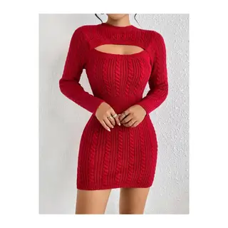 Kadın Uzun Kollu Yarı Balıkçı Yaka Pencere Göğüs Detay Mini Triko Elbise