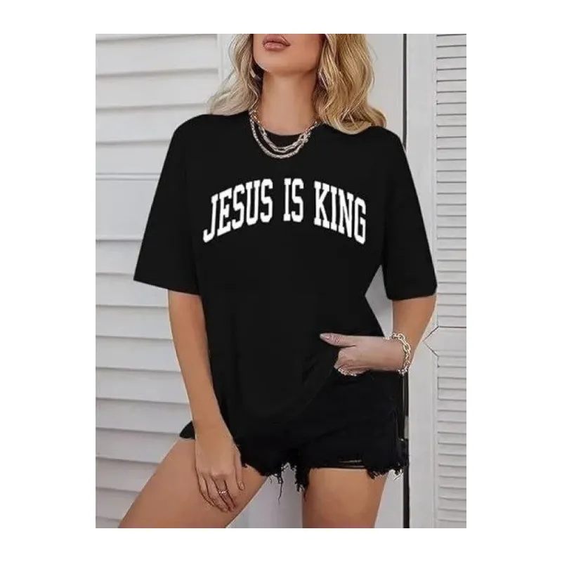 Kadın Bisiklet Yaka Kısa Kol Baskılı T-shirt - Siyah