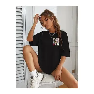 Bisiklet Yaka Baskılı T-shirt - Siyah