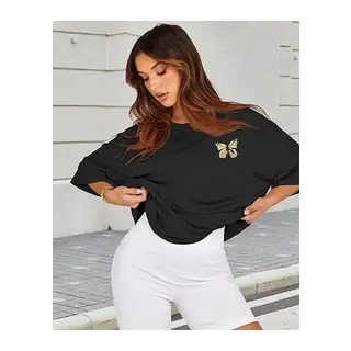 Bisiklet Yaka Baskılı T-shirt - Siyah