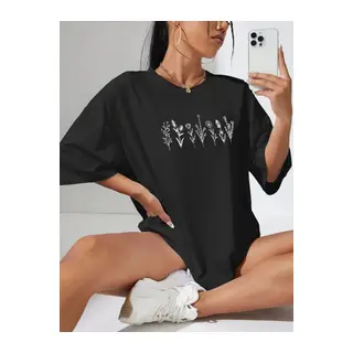 Baskılı Oversize T-shirt - Siyah