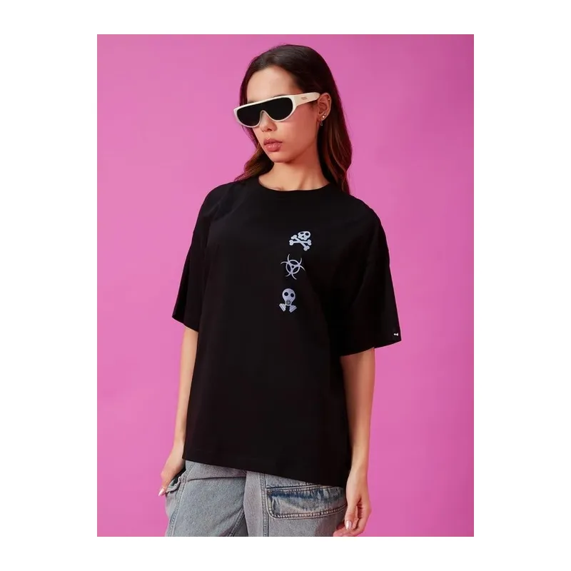 Baskılı Oversize T-shirt - Siyah