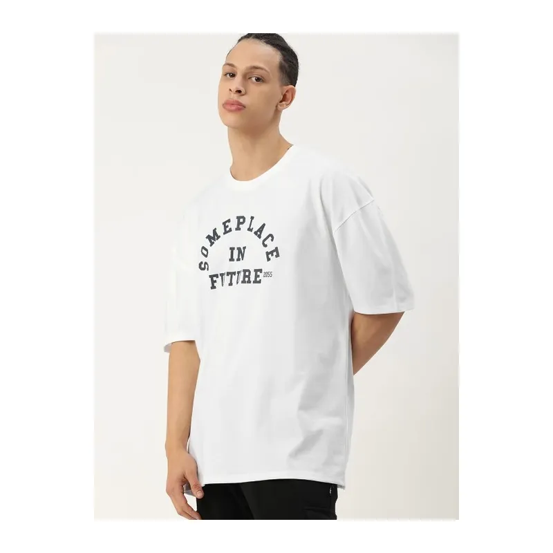 Erkek Baskılı Oversize T-shirt - Beyaz