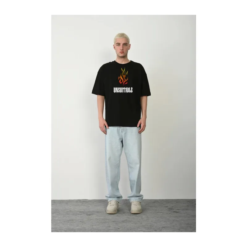 Unisex Bisiklet Yaka Baskılı Oversize T-Shirt - Siyah