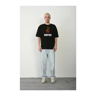 Unisex Bisiklet Yaka Baskılı Oversize T-Shirt - Siyah