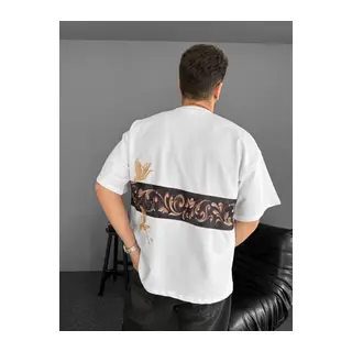 Ön Ve Arka Baskılı Oversize Bisiklet Yaka T-shirt - Beyaz