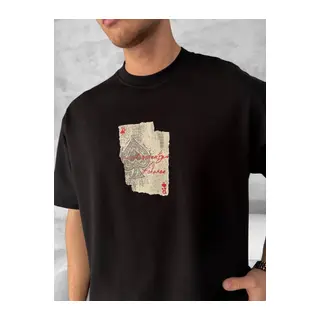 Ön Ve Arka Baskılı Oversize Bisiklet Yaka T-shirt - Siyah