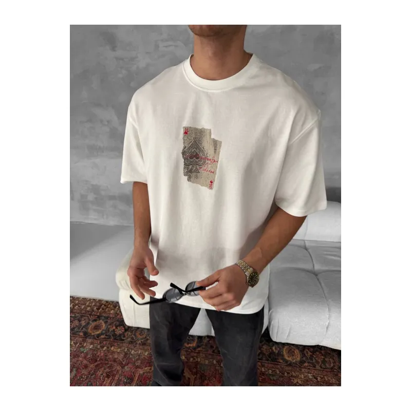 Erkek Ön Ve Arka Baskılı Oversize Bisiklet Yaka T-shirt - Beyaz