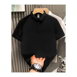 Yakası Düğmeli Yakalı Pike Düz T-Shirt - Siyah