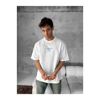 Ön Ve Arka Baskılı Oversize Bisiklet Yaka T-shirt- Beyaz