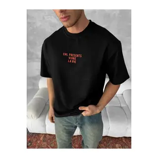 Ön Ve Arka Baskılı Oversize Bisiklet Yaka T-shirt- Siyah