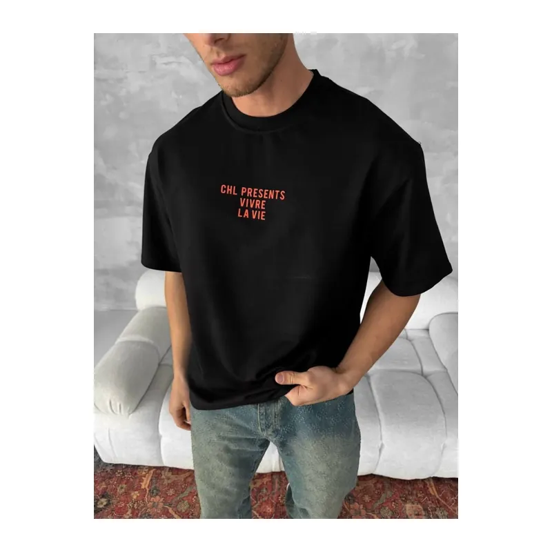 Ön Ve Arka Baskılı Oversize Bisiklet Yaka T-shirt- Siyah