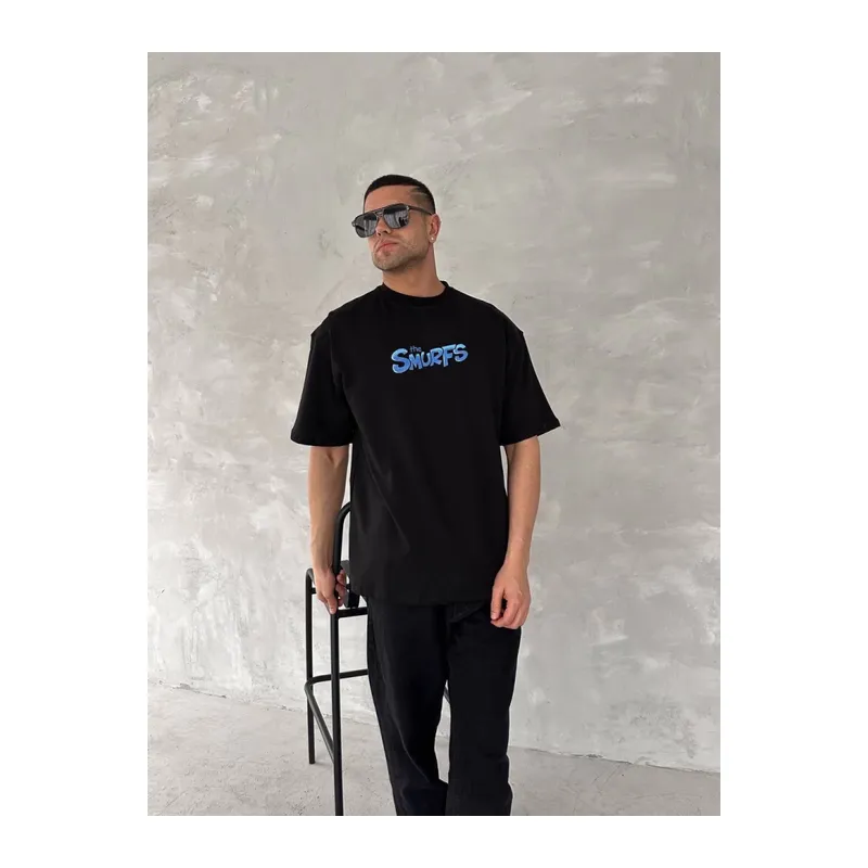 Ön Ve Arka Baskılı Oversize Bisiklet Yaka T-shirt- Siyah