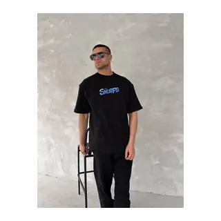 Ön Ve Arka Baskılı Oversize Bisiklet Yaka T-shirt- Siyah