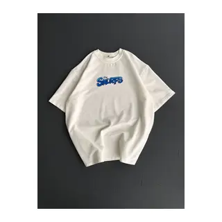 Ön Ve Arka Baskılı Oversize Bisiklet Yaka T-shirt- Beyaz