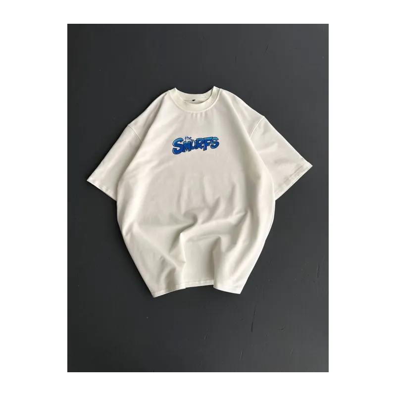 Ön Ve Arka Baskılı Oversize Bisiklet Yaka T-shirt- Beyaz