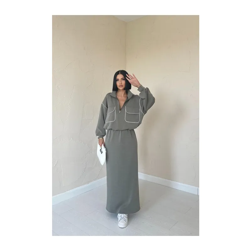 Haki Biyeli Sweatshirt Ve Etek Takım