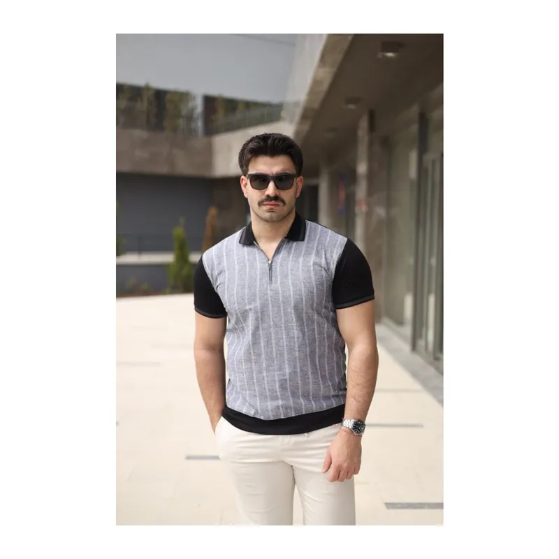 Erkek Polo Yaka Fermuar Detaylı Çizgili Tişört