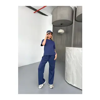 Osy Modal Yumuşak Dokulu Kumaş Kısa Kollu Bluz Rahat Pantalon Ikili Takım- Lacivert