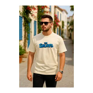 Ön Ve Arka Baskılı Oversize Bisiklet Yaka T-shirt- Beyaz