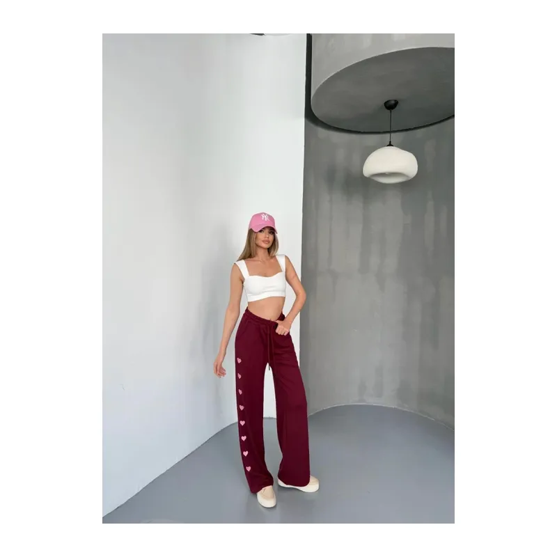 Osy Modal Yumuşak Dokulu Kumaş Nakış Işlemeli Rahat Bol Paça Eşofman Pantalon - Bordo