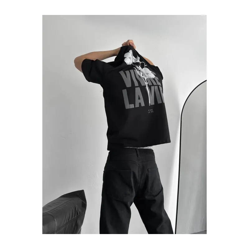 Baskılı Oversize Bisiklet Yaka T-shirt - Siyah
