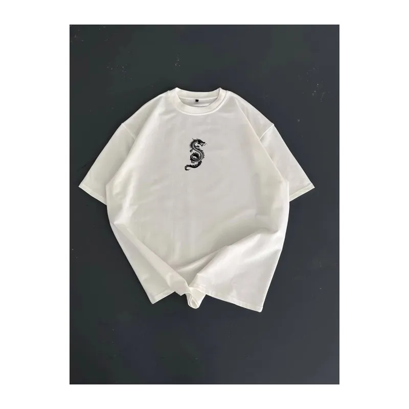 Baskılı Oversize Bisiklet Yaka T-shirt - Beyaz