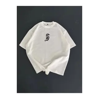 Baskılı Oversize Bisiklet Yaka T-shirt - Beyaz