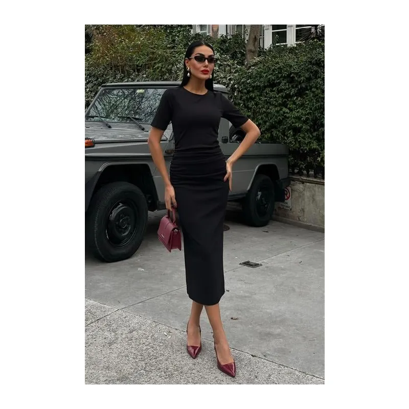 Beli Büzgülü Midi Elbise 2853