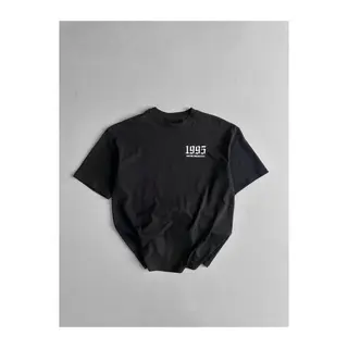 Baskılı Oversize Bisiklet Yaka T-shirt - Siyah