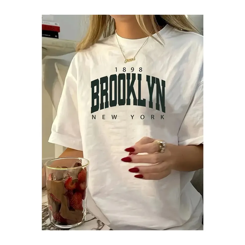 Baskılı Oversize Bisiklet Yaka T-shirt - Beyaz