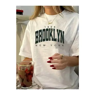 Baskılı Oversize Bisiklet Yaka T-shirt - Beyaz