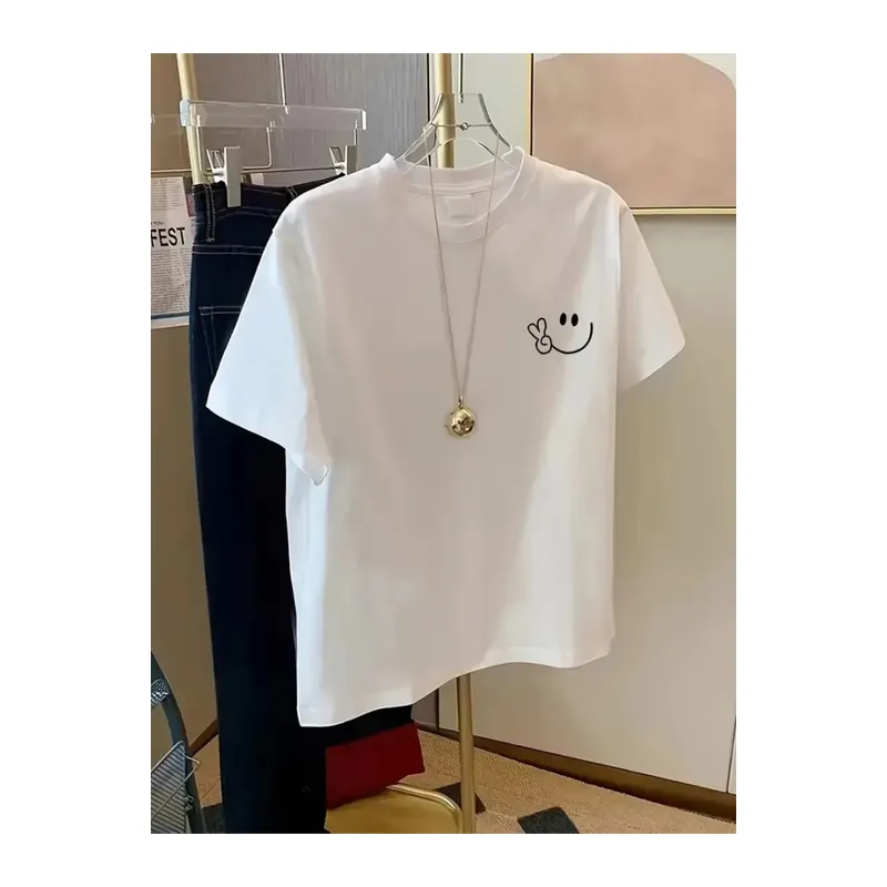 Baskılı Oversize Bisiklet Yaka T-shirt - Beyaz