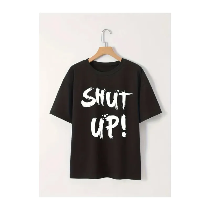 Baskılı Oversize Bisiklet Yaka T-shirt - Siyah