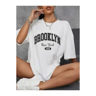 Baskılı Oversize Bisiklet Yaka T-shirt - Beyaz
