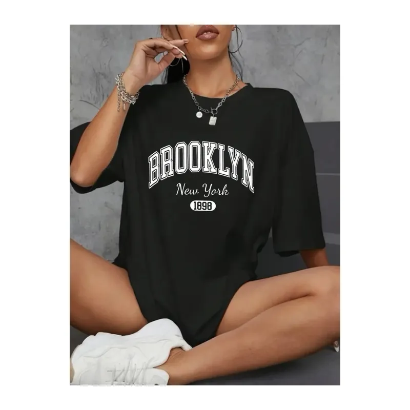 Baskılı Oversize Bisiklet Yaka T-shirt - Siyah