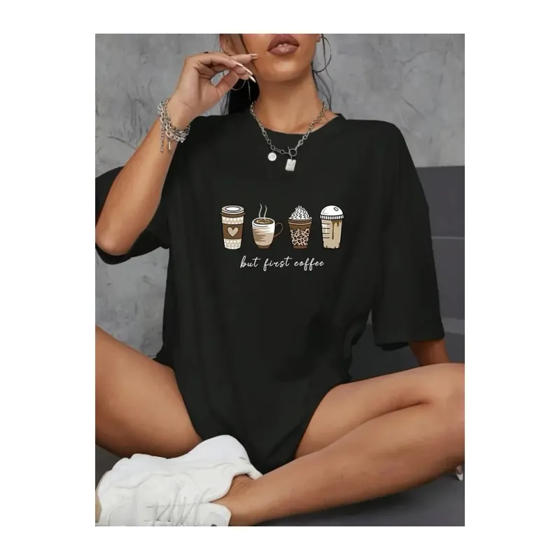 Baskılı Oversize Bisiklet Yaka T-shirt - Siyah
