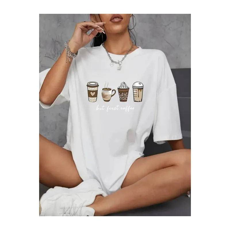 Baskılı Oversize Bisiklet Yaka T-shirt - Beyaz