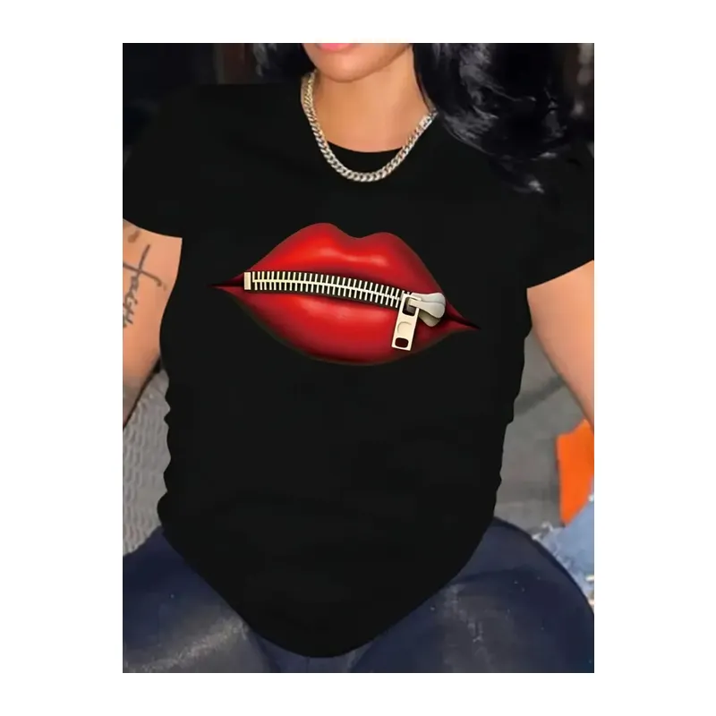 Baskılı Oversize Bisiklet Yaka T-shirt - Siyah