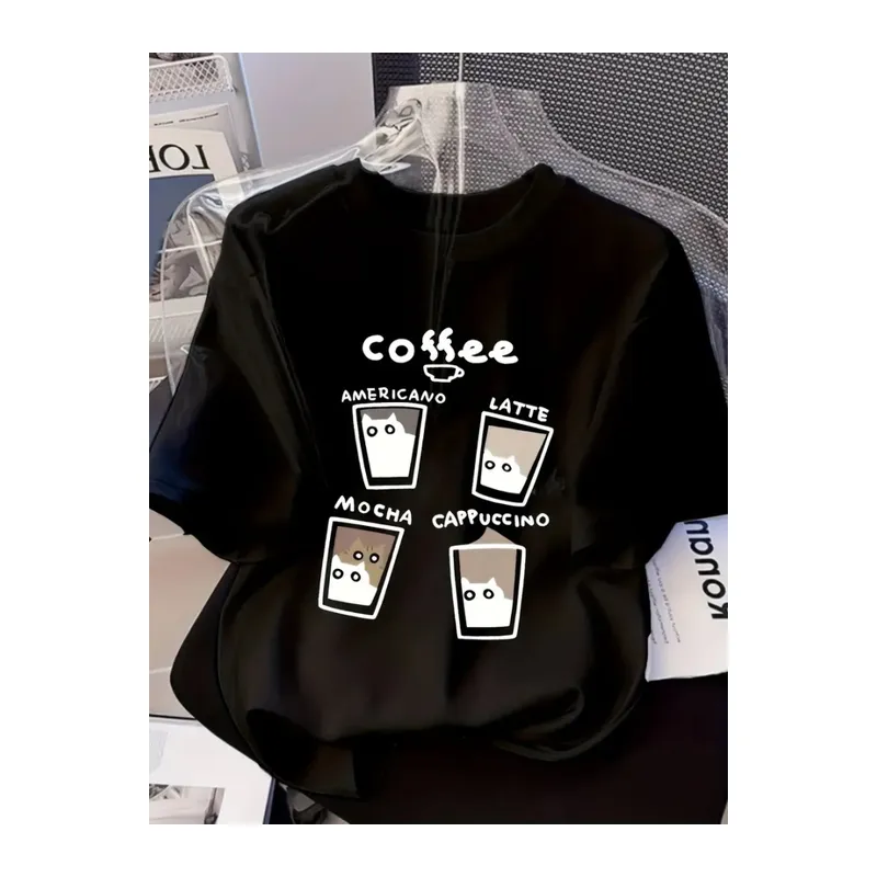 Baskılı Oversize Bisiklet Yaka T-shirt - Siyah