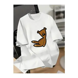 Baskılı Oversize Bisiklet Yaka T-shirt - Beyaz