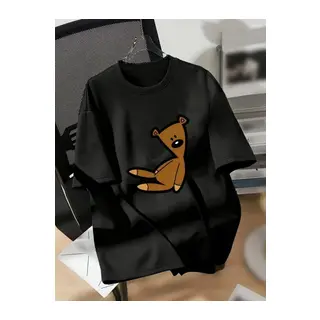 Baskılı Oversize Bisiklet Yaka T-shirt - Siyah