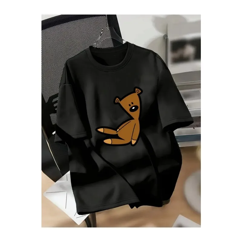Baskılı Oversize Bisiklet Yaka T-shirt - Siyah