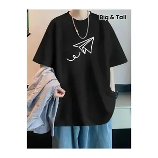 Baskılı Oversize Bisiklet Yaka T-shirt - Siyah