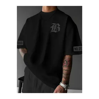 Baskılı Oversize Bisiklet Yaka T-shirt - Siyah
