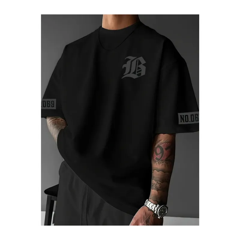 Baskılı Oversize Bisiklet Yaka T-shirt - Siyah