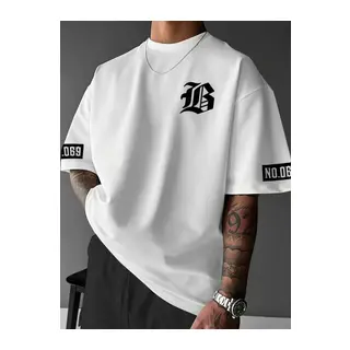 Baskılı Oversize Bisiklet Yaka T-shirt - Beyaz