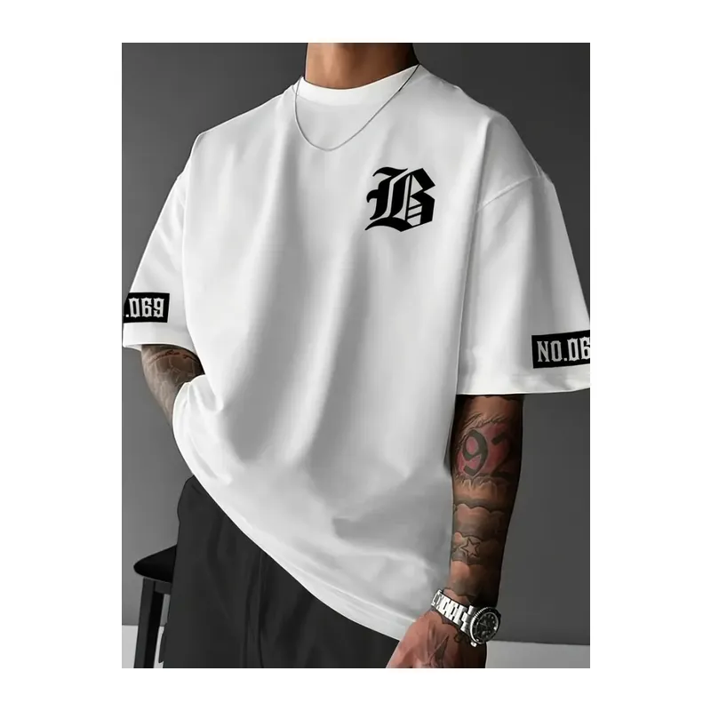 Baskılı Oversize Bisiklet Yaka T-shirt - Beyaz