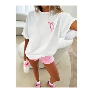 Fiyonk Baskılı Oversize Bisiklet Yaka T-shirt - Beyaz