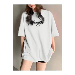 Thousand Baskılı Oversize Bisiklet Yaka T-shirt - Beyaz
